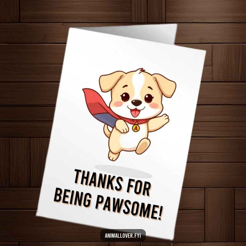 Funny Free Printable Thank You Card: Brave puppy in a cape, jumping to express heartfelt thanks.