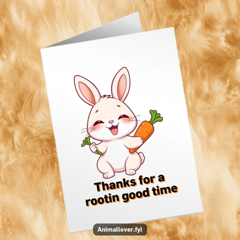 Funny Free Printable Thank You Card: A joyful rabbit giggles, holding a carrot to express sincere thanks.