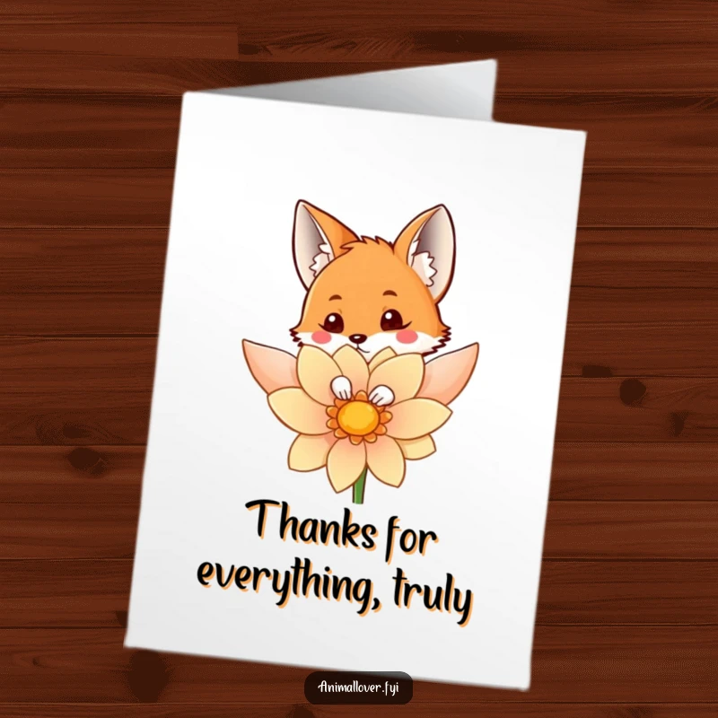 Funny Free Printable Thank You Card: Curious fox peeking from behind a large, colorful flower, saying thanks.