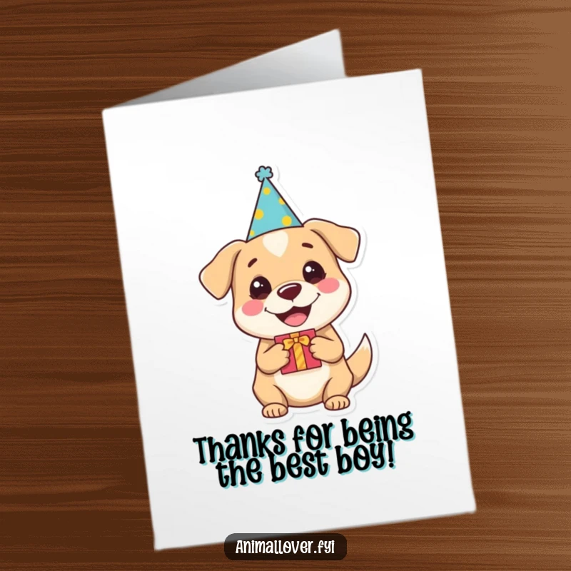 Funny Free Printable Thank You Card: A cheerful dog wearing a party hat holds a gift, expressing sincere thanks with a friendly smile.