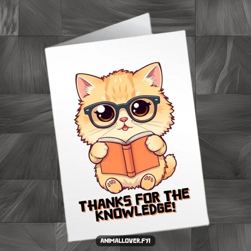 Funny Free Printable Thank You Card: A fluffy cat wearing glasses holding a book upside down, expressing thanks humorously, downloadable gift.