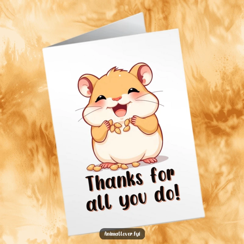 Funny Free Printable Thank You Card: A joyful hamster is busy stuffing its cheeks to capacity with tiny seeds.