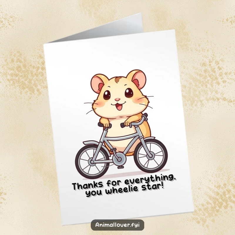 Funny Free Printable Thank You Card: A happy hamster on a miniature bicycle rides with excitement to deliver thanks.