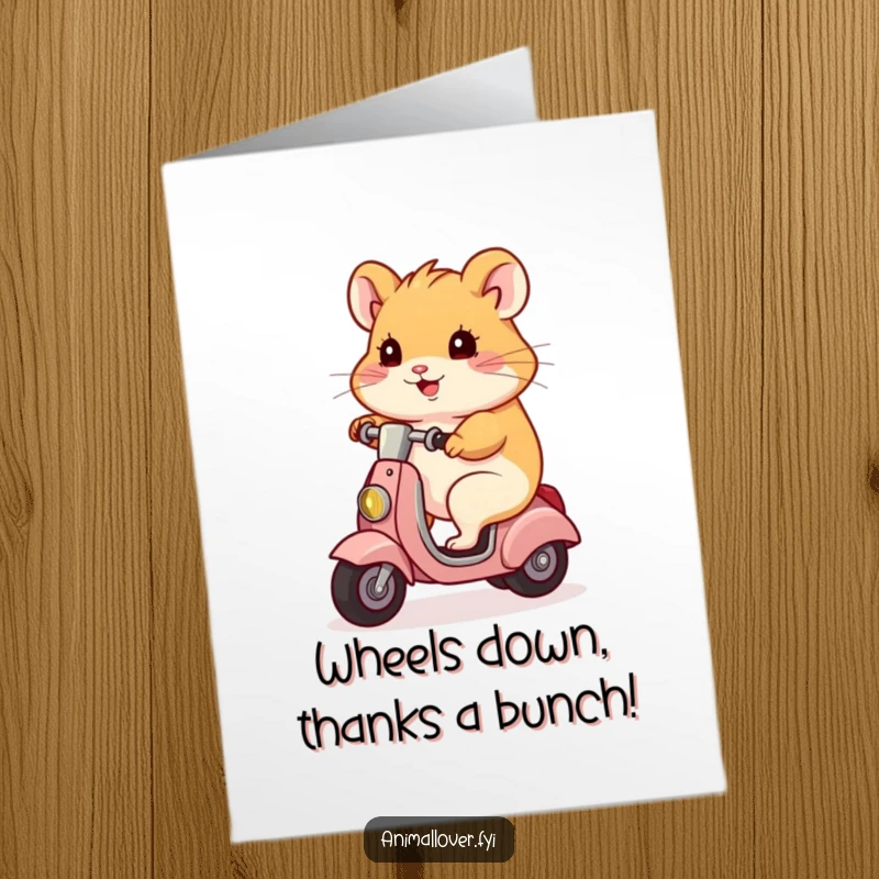 Funny Free Printable thank you card: A cheerful hamster on a scooter delivers heartfelt thanks with a speedy, humorous touch.