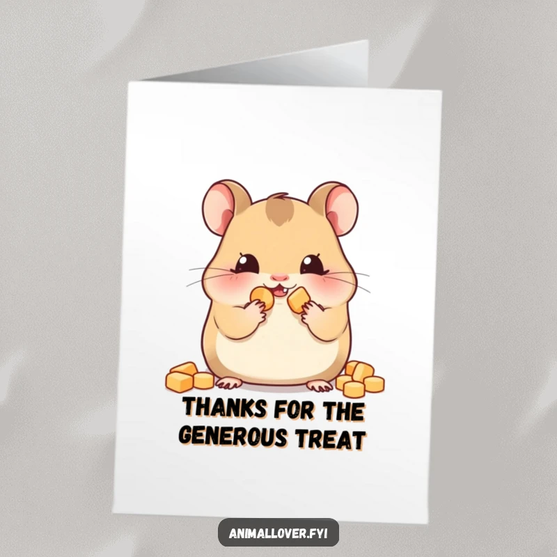 Funny Free Printable Thank You Card: A hamster joyfully stuffing its face with snacks, expressing thanks with a full belly.