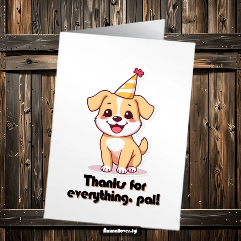 Funny Free Printable Thank You Card: A joyful dog in a miniature party hat spins around with enthusiasm.