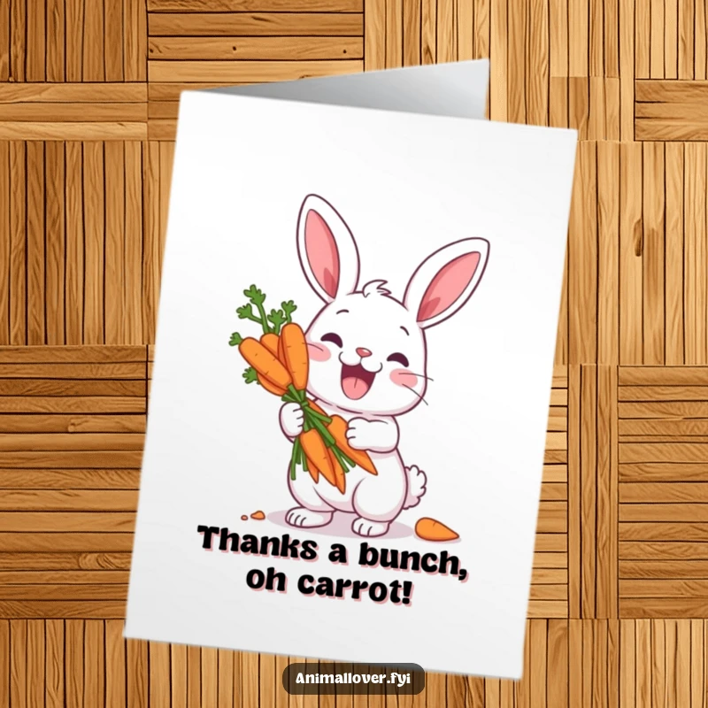 Funny free printable thank you card: A happy rabbit proudly displays a bouquet of carrots, a unique way to say thanks.