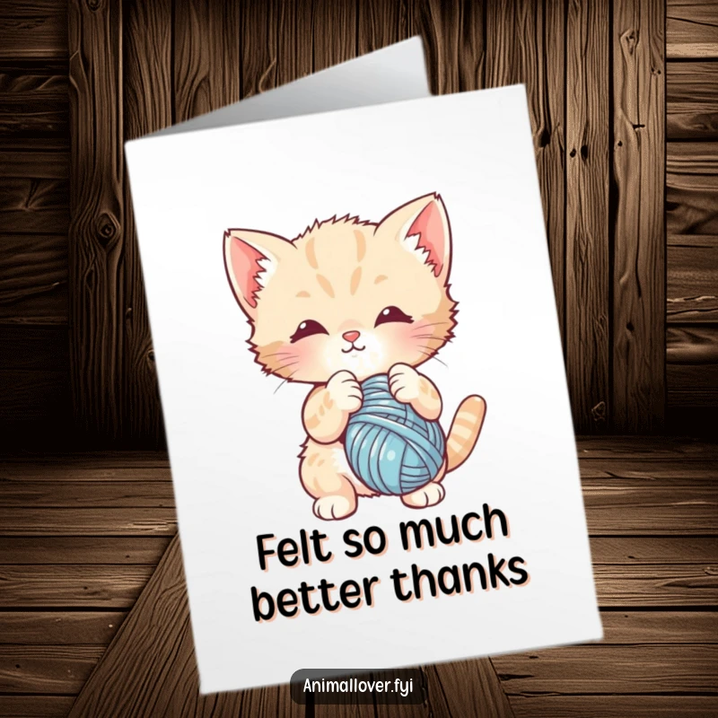 Funny Free Printable Thank You Card: A cute kitten batting at a dangling yarn ball, sending thanks your way.