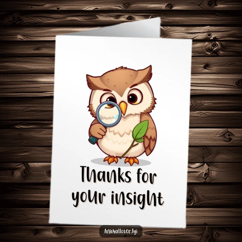 Funny Free Printable Thank You Card: A curious owl studying a leaf with a magnifying glass, a thoughtful thank you.
