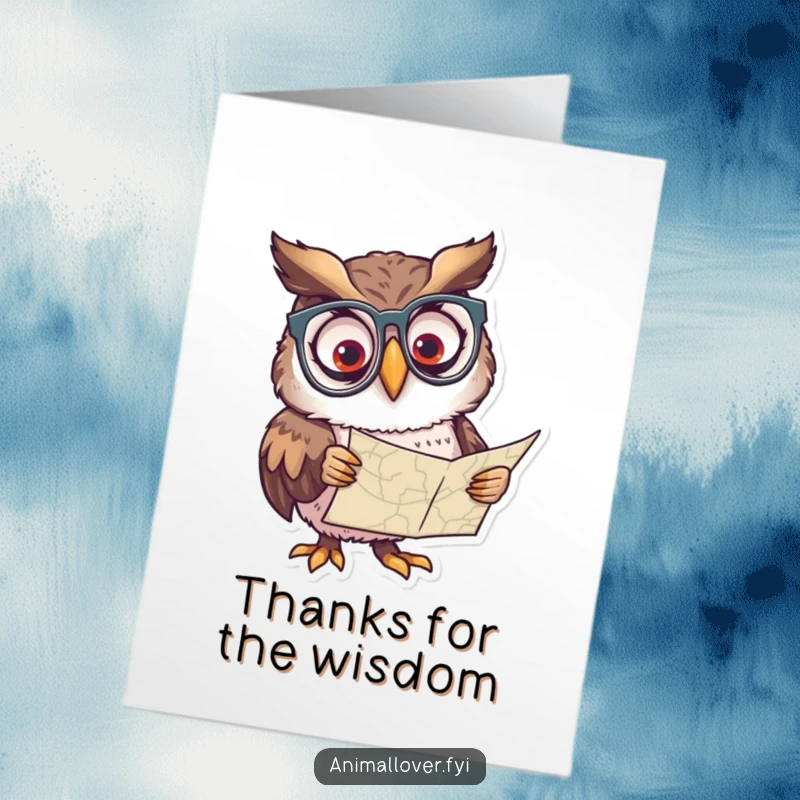 Funny Free Printable Thank You Card: A spectacle-wearing owl looks intently at a map, expressing thanks.