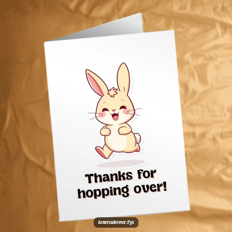Funny Free Printable Thank You Card: A playful rabbit hops enthusiastically, ears perked high, radiating happiness.