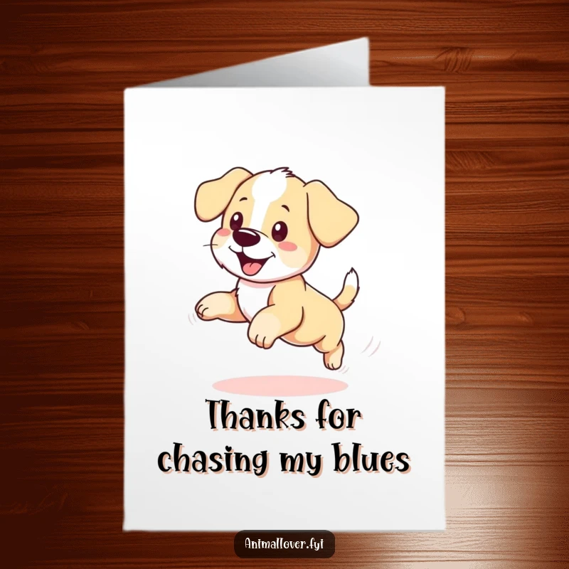 Funny Free Printable Thank You Card: A puppy blissfully spinning in circles while chasing its own tail.