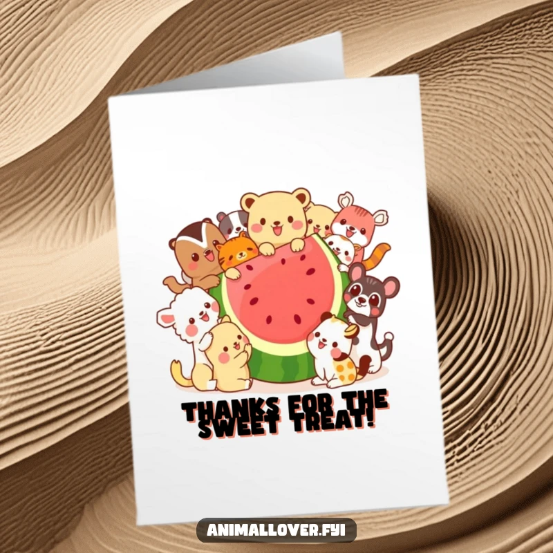 Funny Free Printable Thank You Card: Cute animals sharing a massive watermelon, conveying thanks with a smile.