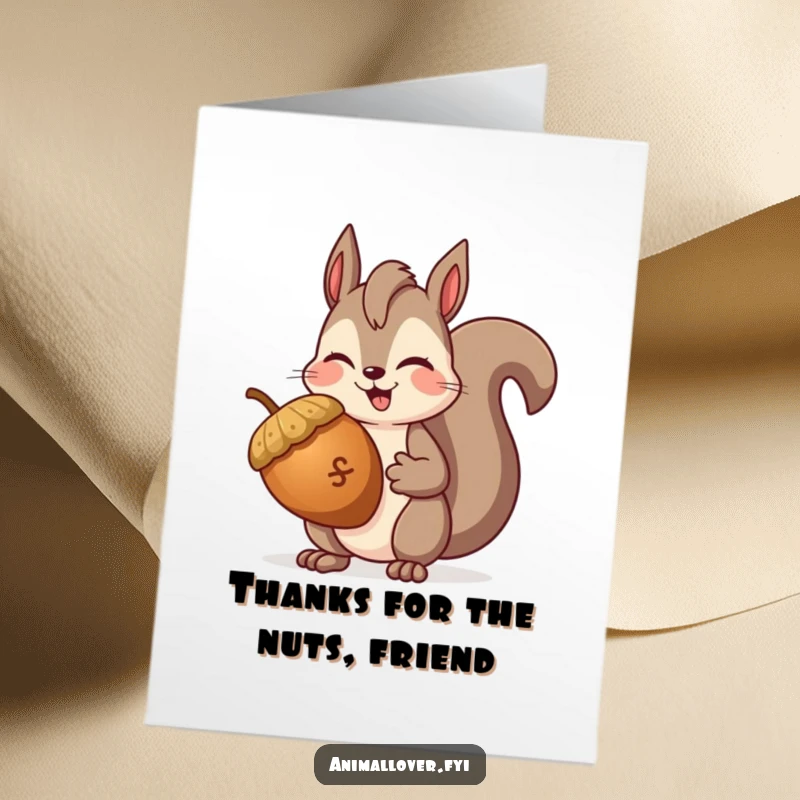 Funny Free Printable Thank You Card: Smiling squirrel winks, holding a giant acorn, offering thanks with adorable humor, downloadable, print at home.
