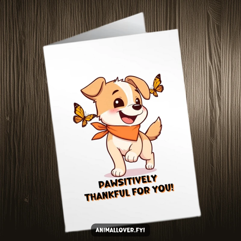 Funny Free Printable Thank You Card featuring a happy dog in a bandana, wagging its tail while chasing a butterfly to show thanks.