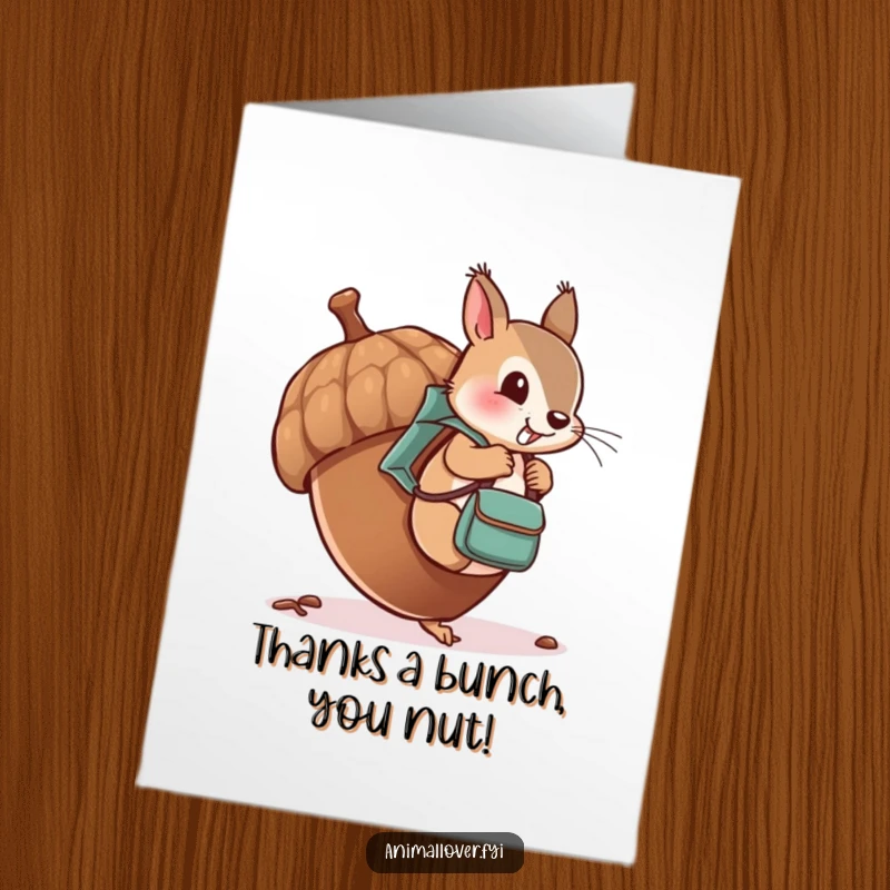 Funny Free Printable Thank You Card featuring a cheeky squirrel with a tiny backpack, climbing an oversized acorn to show thanks.