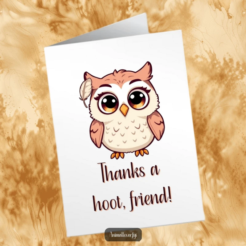 Funny free printable thank you card: An owl looks utterly shocked, its eyes wide, as a feather floats down.