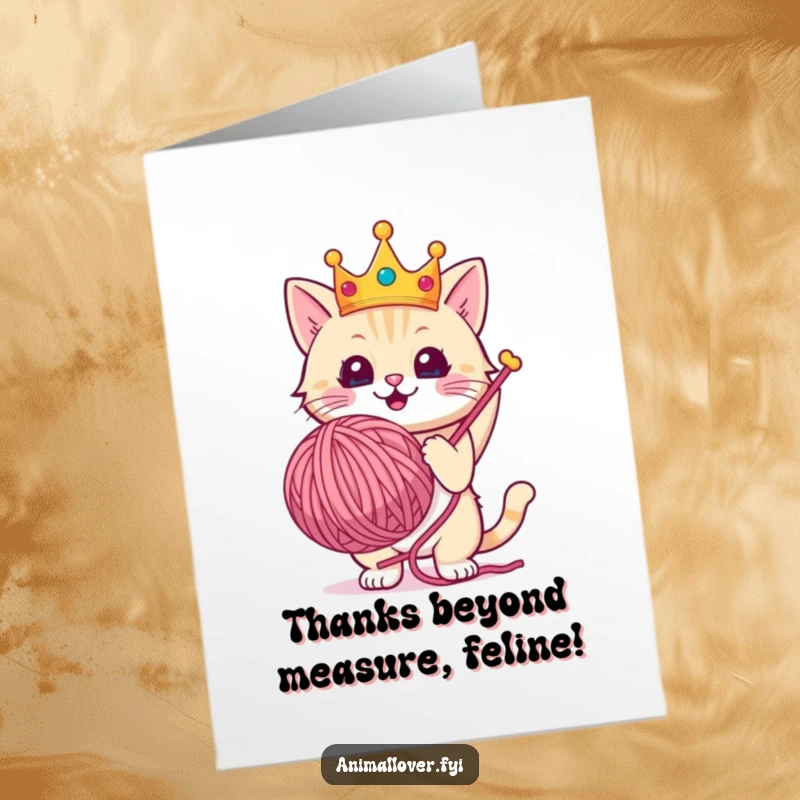 Funny Free Printable Thank You Card featuring a cute cat wearing a crown, triumphantly holding a giant yarn ball, expressing thanks.