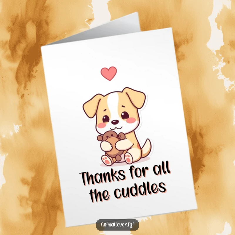 Funny Free Printable Thank You Card: Affectionate dog hugging its toy, sending heartfelt thanks with love.