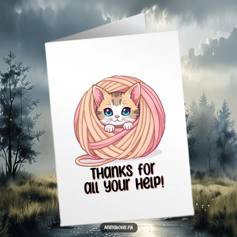 Funny Free Printable Thank You Card: A curious cat peeks out mischievously from behind a giant ball of yarn.