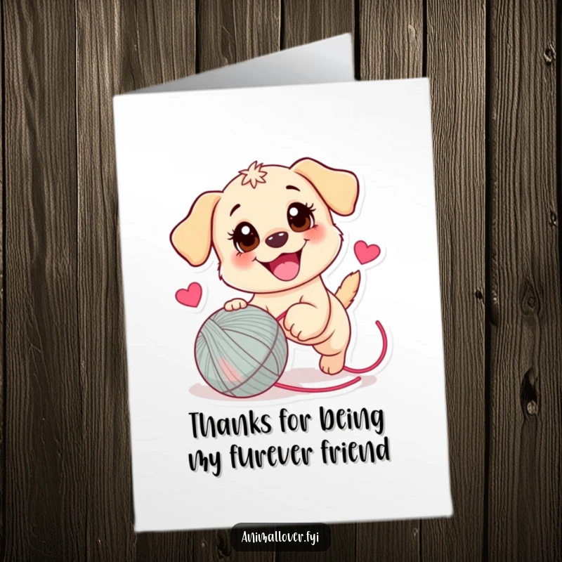 Funny Free Printable Puppy Thank You Card: A happy puppy's enthusiastic yarn chase conveys heartfelt thanks.
