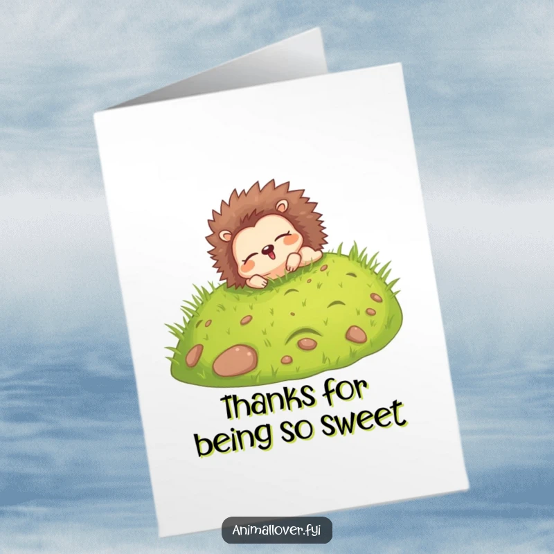 Funny Free Printable Thank You Card: Happy hedgehog rolling down a grassy hill with eyes closed, showing thanks.