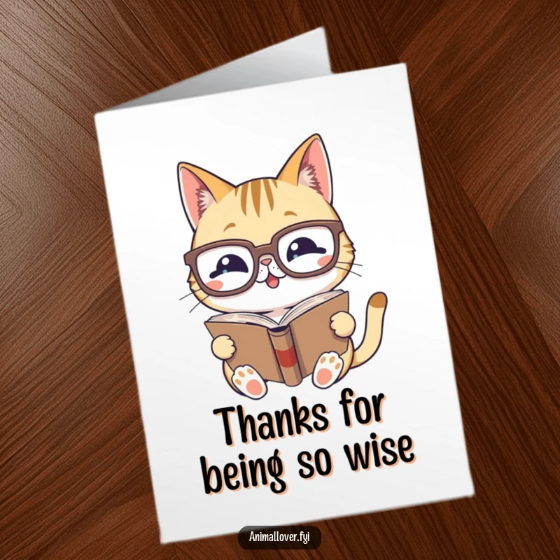 Funny Free Printable Thank You Card: A gleeful cat in spectacles reading, expressing heartfelt thanks for a kindness.