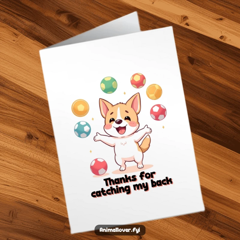 Funny Free Printable Dog Thank You Card, happy dog juggling multiple balls, conveying deep thanks with a playful spirit.