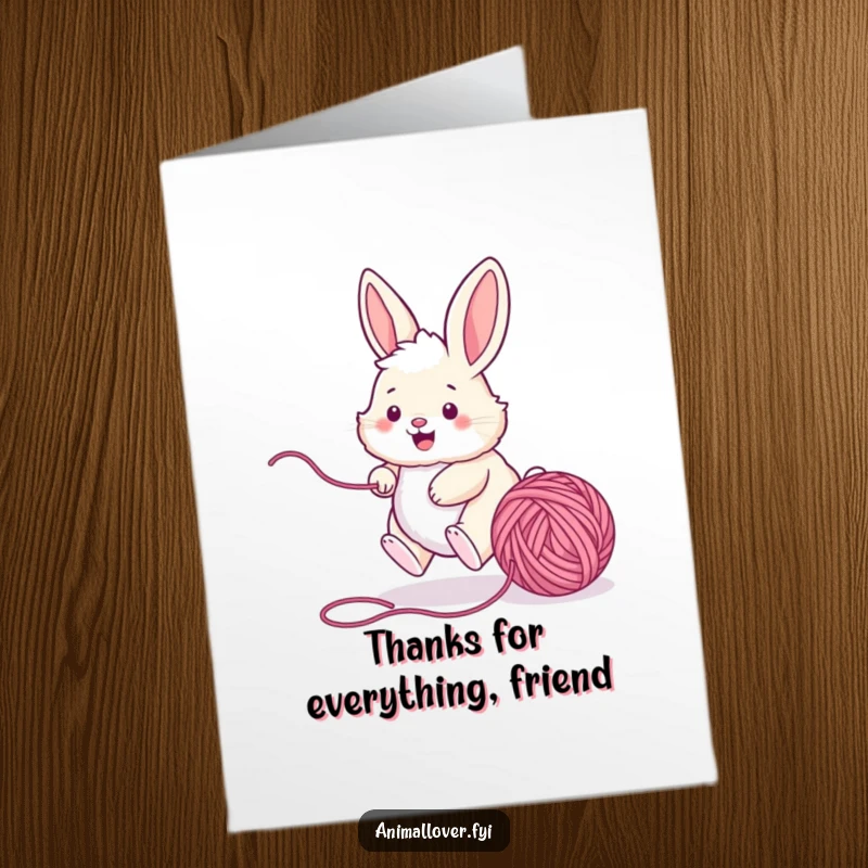 Funny Free Printable Thank You Card: A fluffy bunny hilariously chasing a ball of yarn, a playful way to say thanks.