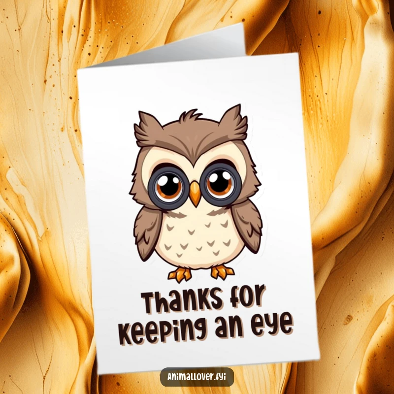 Funny Free Printable Thank You Card: Curious owl with oversized eyes looks through binoculars, spotting reasons to say thank you, downloadable.