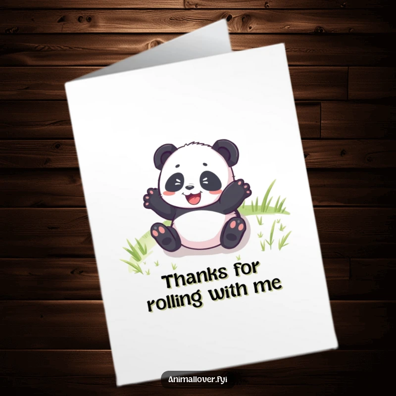 Funny Free Printable Thank You Card: Happy panda cub rolling down a hill, expressing thanks with pure delight, downloadable, print at home.