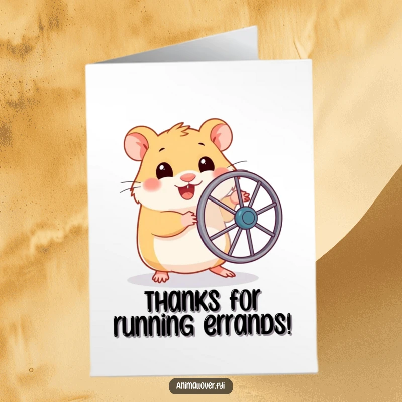 Funny Free Printable Thank You Card: Grateful hamster with toy wheel, running with thanks for your kindness!