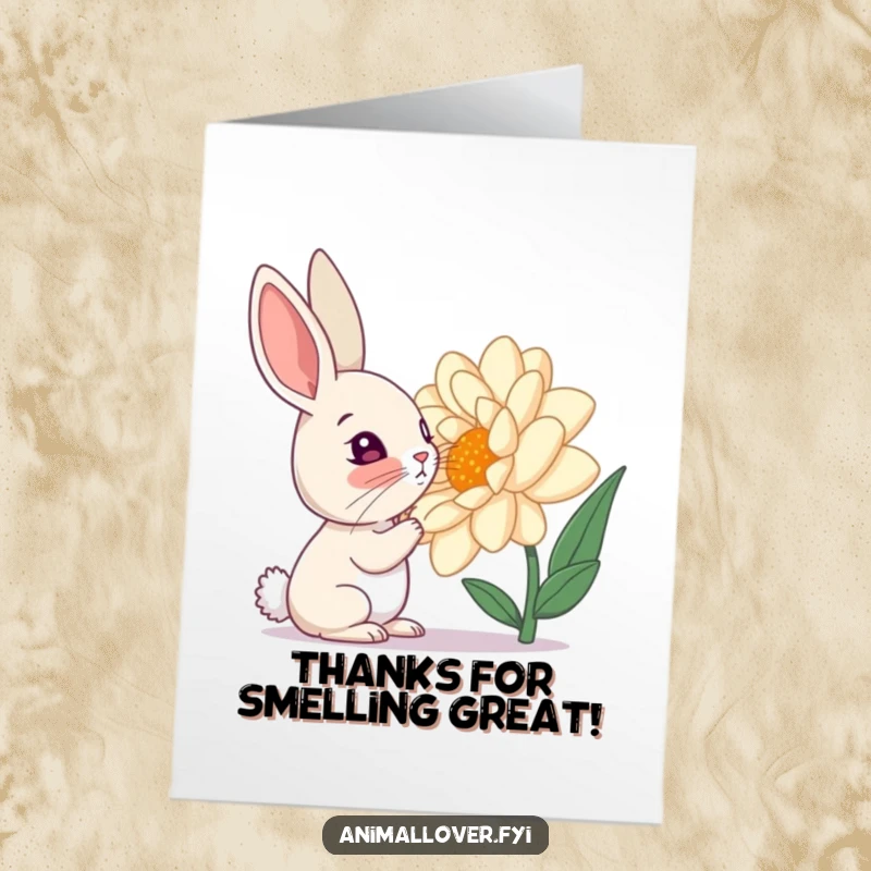 Funny Free Printable Thank You Card: Curious rabbit sniffing a giant flower, sending thanks.