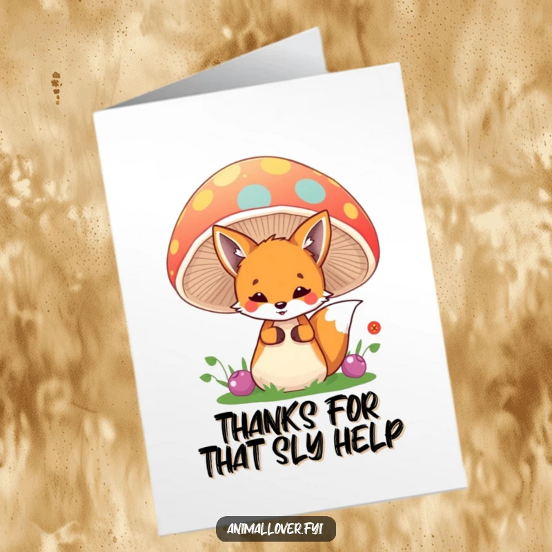 Funny Free Printable Thank You Card: A curious fox peeking out from behind a large, brightly colored mushroom.