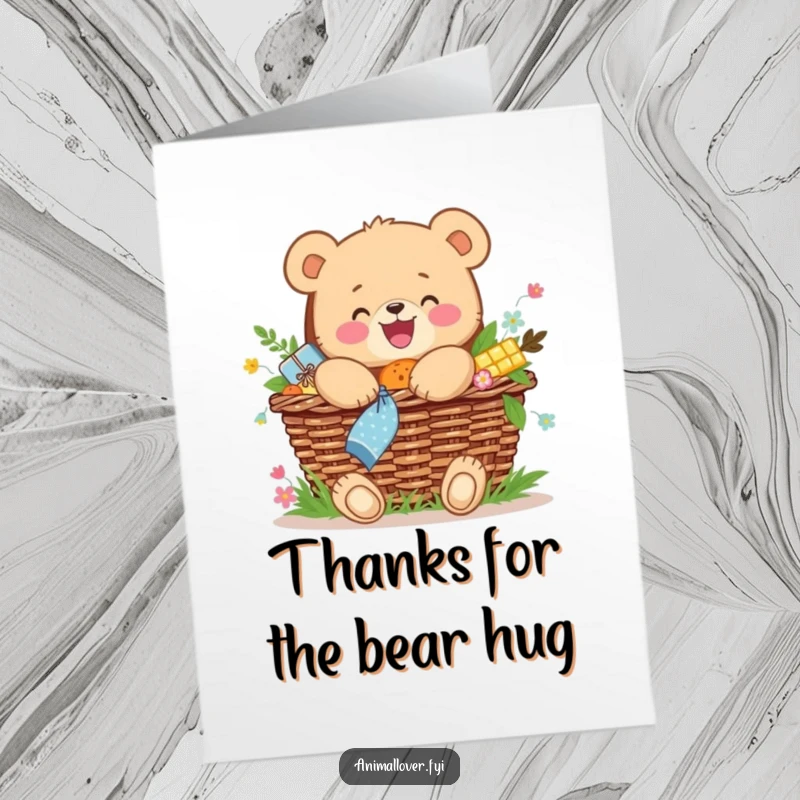 Funny Free Printable Thank You Card: A joyful bear cub hugs a picnic basket, expressing thanks sweetly.