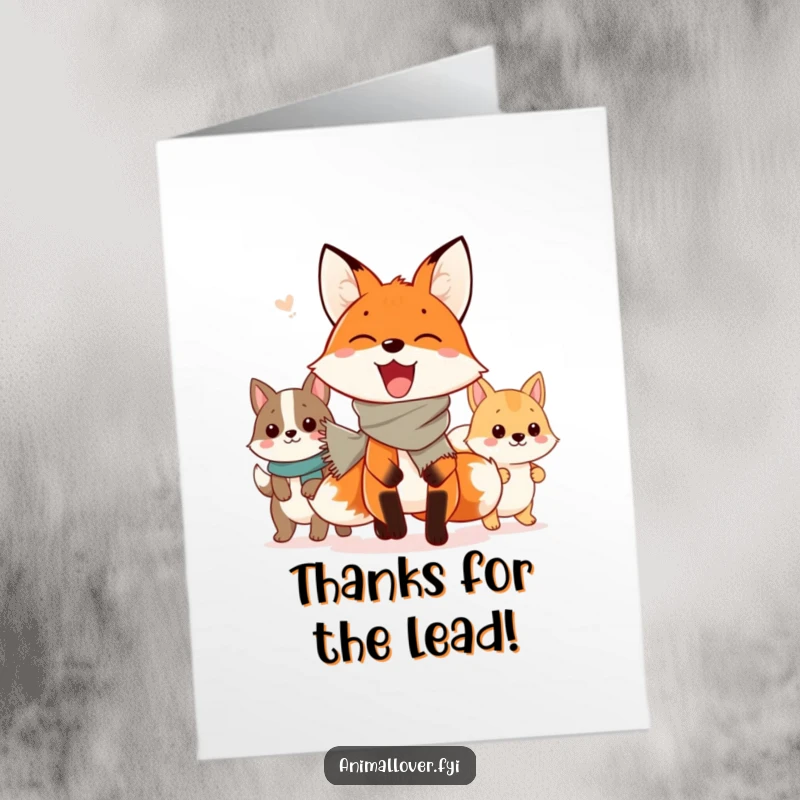 Funny Free Printable Thank You Card: Enthusiastic fox escorts a parade, expressing thanks with joy and a touch of silliness.