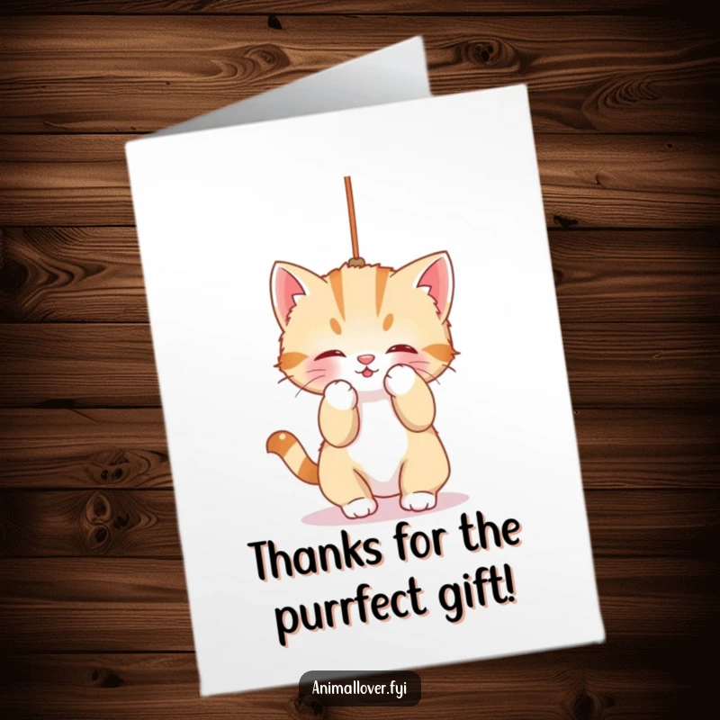 Funny Free Printable Thank You Card: A cute kitten energetically batting at a dangling string, expressing thanks with joy.