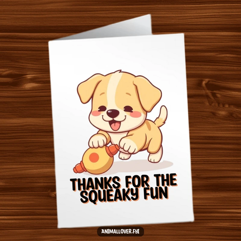 Funny Free Printable Thank You Card: An energetic puppy with a wagging tail pounces on a squeaky toy saying thanks.