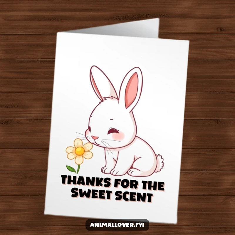 Cute Free Printable Thank You Card: A curious rabbit with its nose twitching as it sniffs a bright flower.