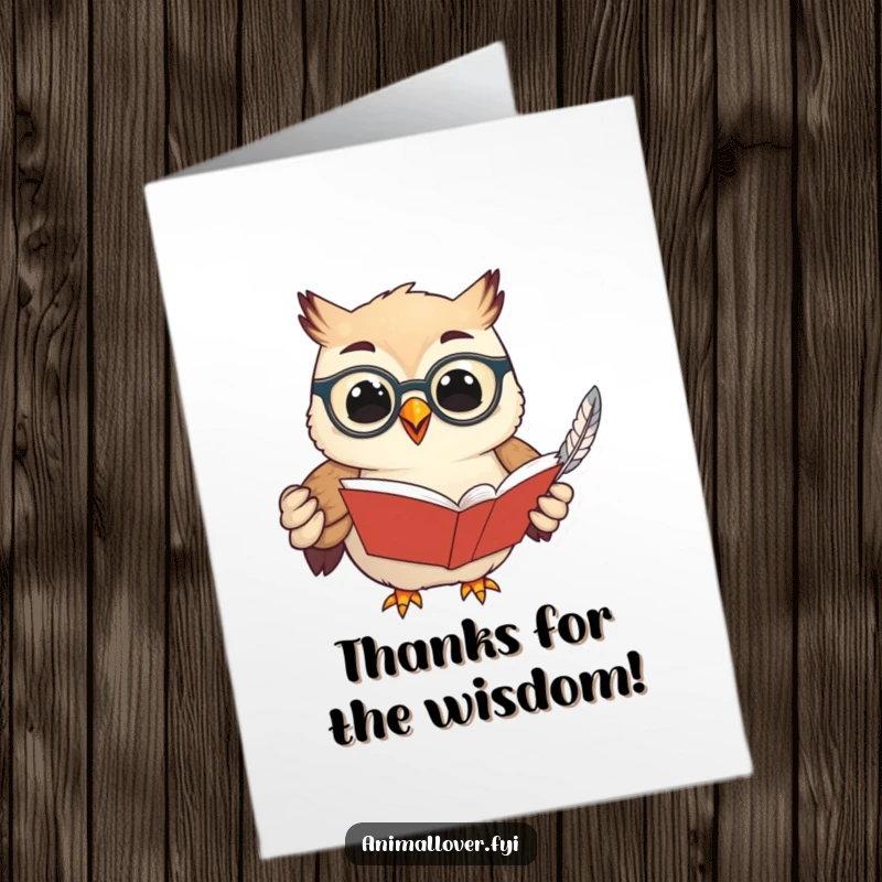 Funny Free Printable Thank You Card: A wise owl with spectacles and a book offers thanks with a gentle smile.