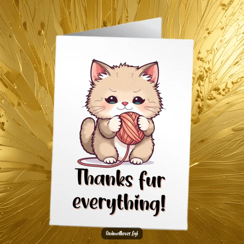 Funny Free Printable Thank You Card: Cute fluffy cat playing with a ball of yarn, offering thanks.