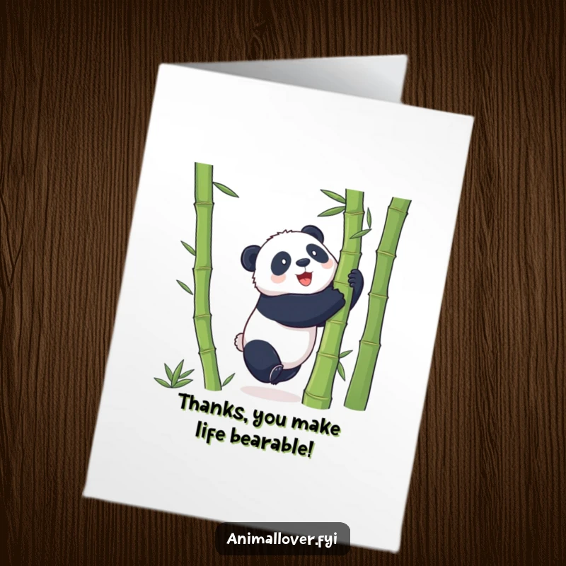 Funny Free Printable Thank You Card: A playful panda attempts to hug a giant bamboo stalk, expressing heartfelt thanks.