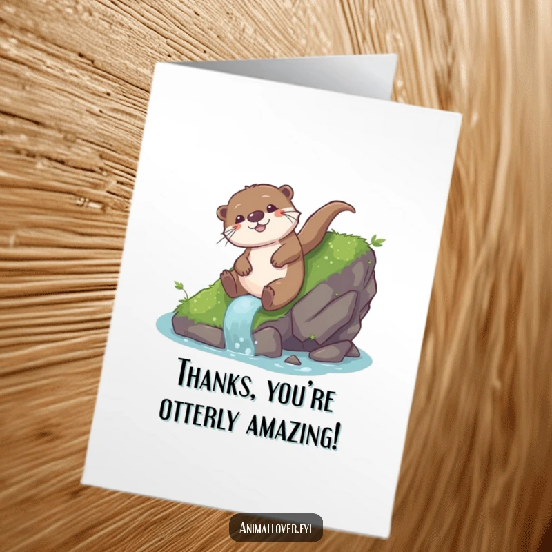 Funny Free Printable Thank You Card: A playful otter slides down a mossy rock with happiness.