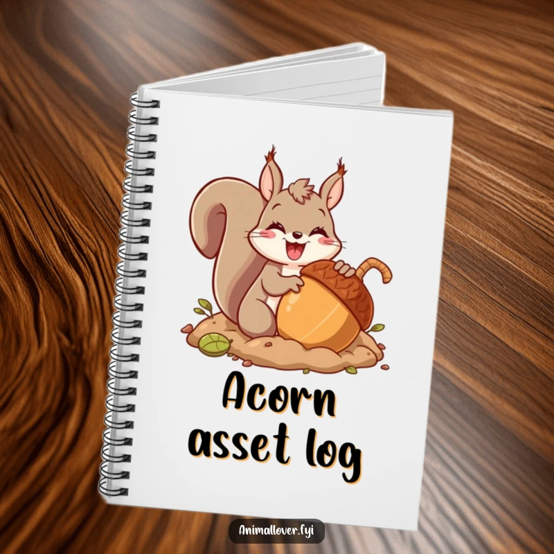 Funny notebook cover with an ecstatic squirrel character burying a giant acorn with pure glee, symbolizing preparation and the joy of finding treasures.