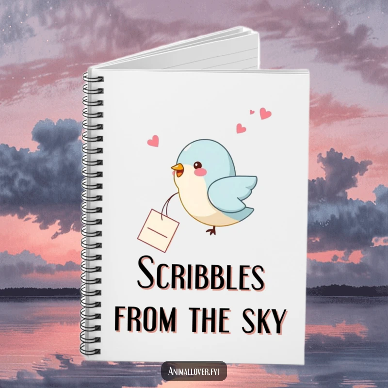 Funny bird notebook with a bird dropping a small note, ideal for writing down thoughts with a touch of humor.