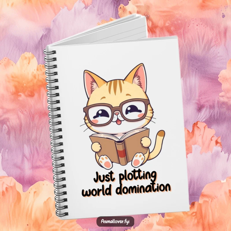 Funny notebook with a gleeful cat wearing oversized glasses, reading a book, perfect for jotting down notes and ideas.