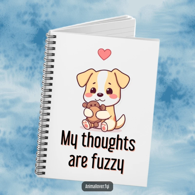Funny dog notebook cover featuring a pup hugging a toy with a heart overhead, designed for jotting notes with humor and affection.