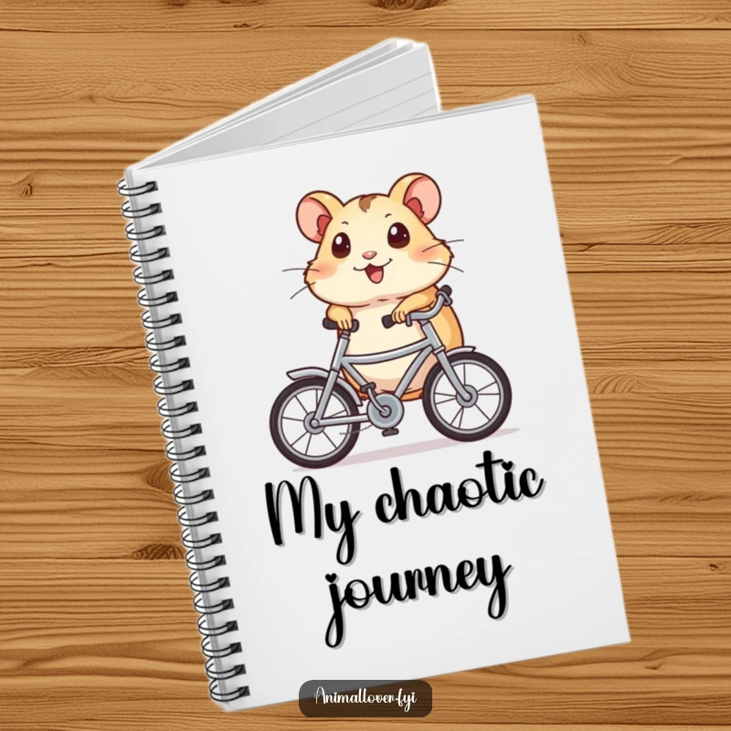Funny Notebook featuring a happy hamster with wide eyes, biking swiftly, ready to record exciting thoughts and plans.