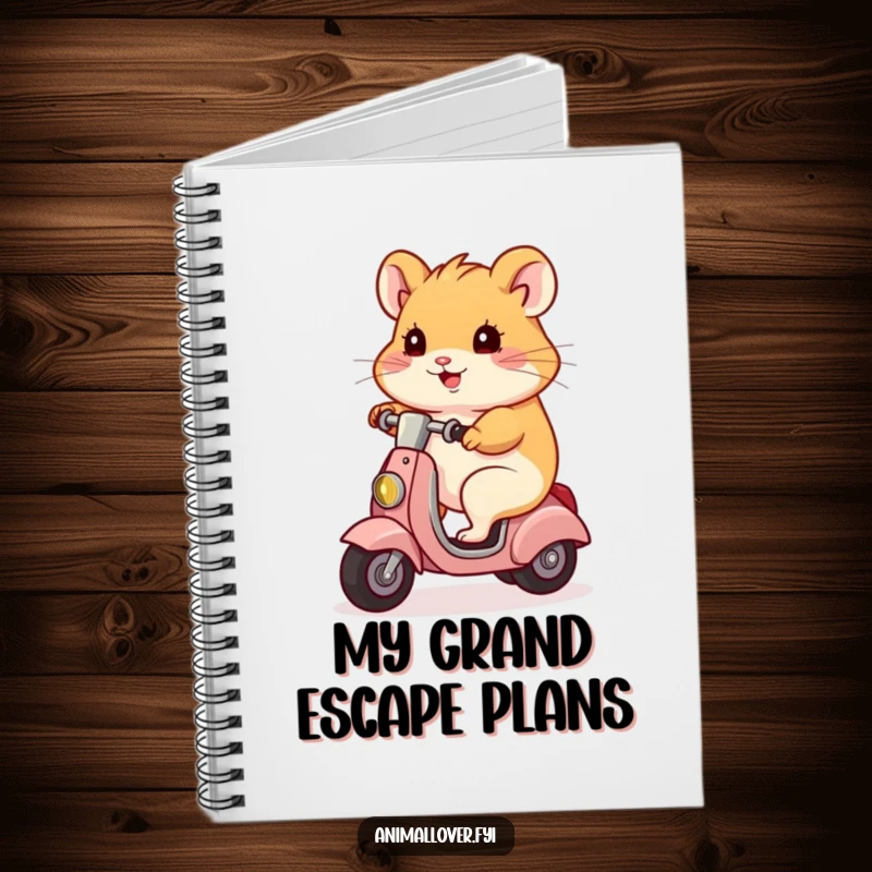 Funny hamster character jotting notes while riding a scooter, a creative and funny gift for note-takers.