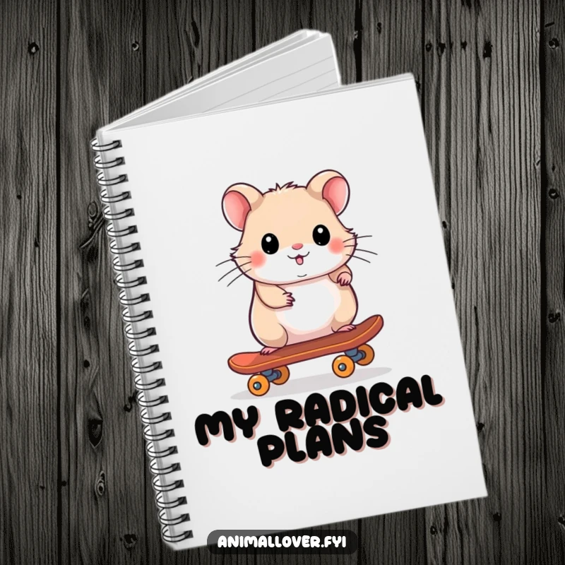 Funny notebook with a playful hamster riding a tiny skateboard, inspiring creativity and cool thoughts.